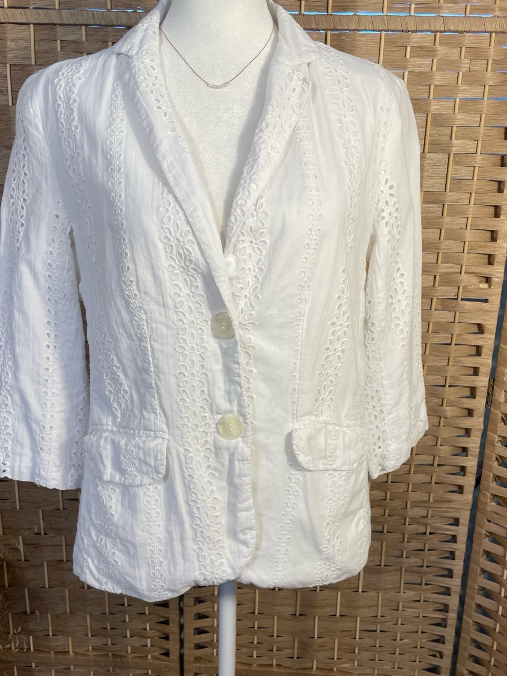 White Eyelet Cotton Lightweight Blazer Jacket Cardigan